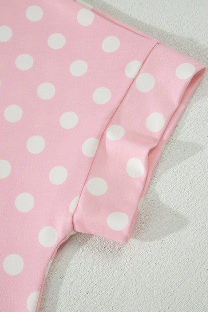 Pink Polka Dot Print Mock Neck Short Sleeve Top Shift Pant Set