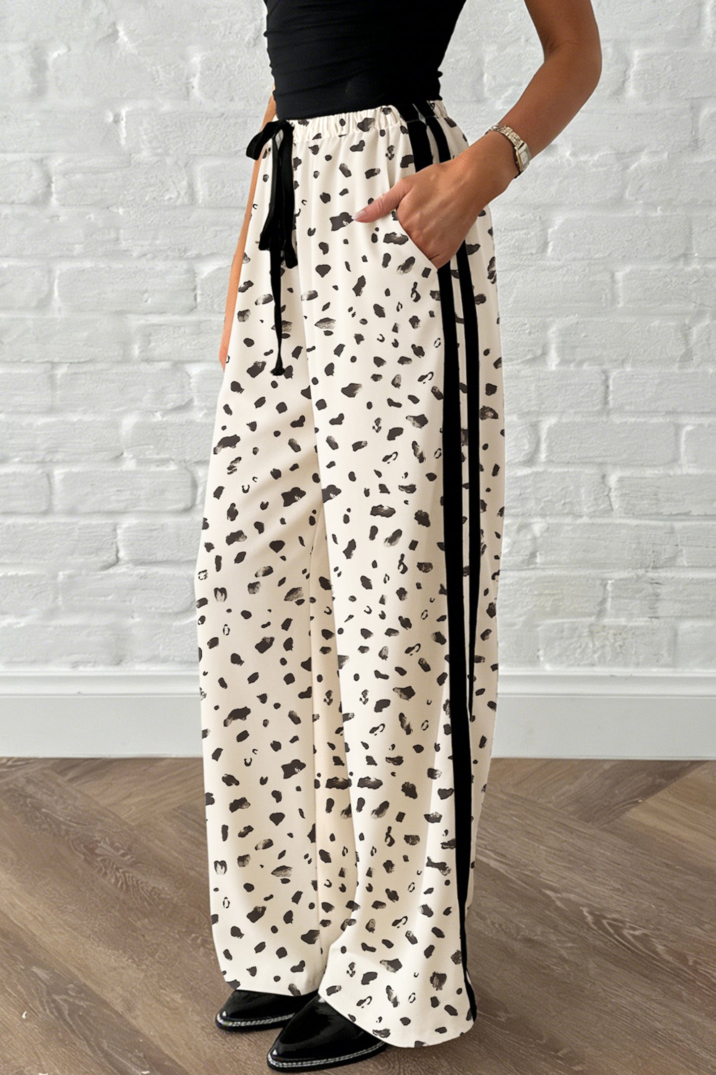 Pantalones Sueltos con Cordón, Estampado Leopardo Beige y Raya Lateral