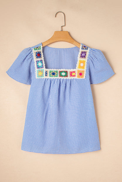 Sky Blue Stripe Textured Ruffle Short Sleeve Boho Detail Square Neck Blouse - Snoopy's Closet