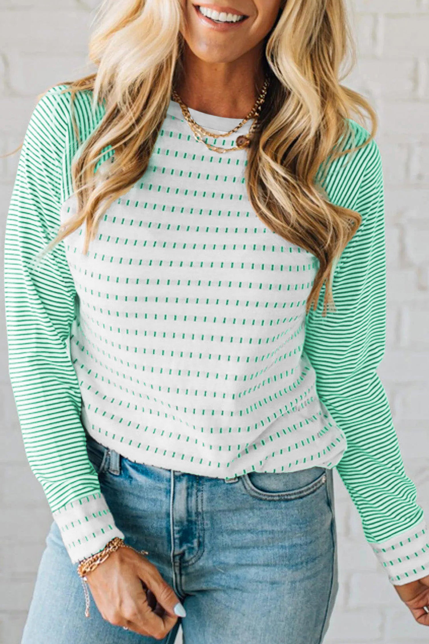 Green Stripe Raglan Patchwork Long Sleeve Tee - Snoopy's Closet