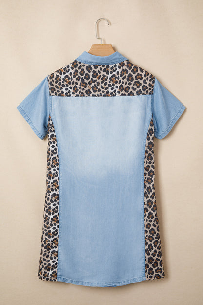 Minivestido con cuello de camisa Myosotis Denim con bloques de color y retales de leopardo