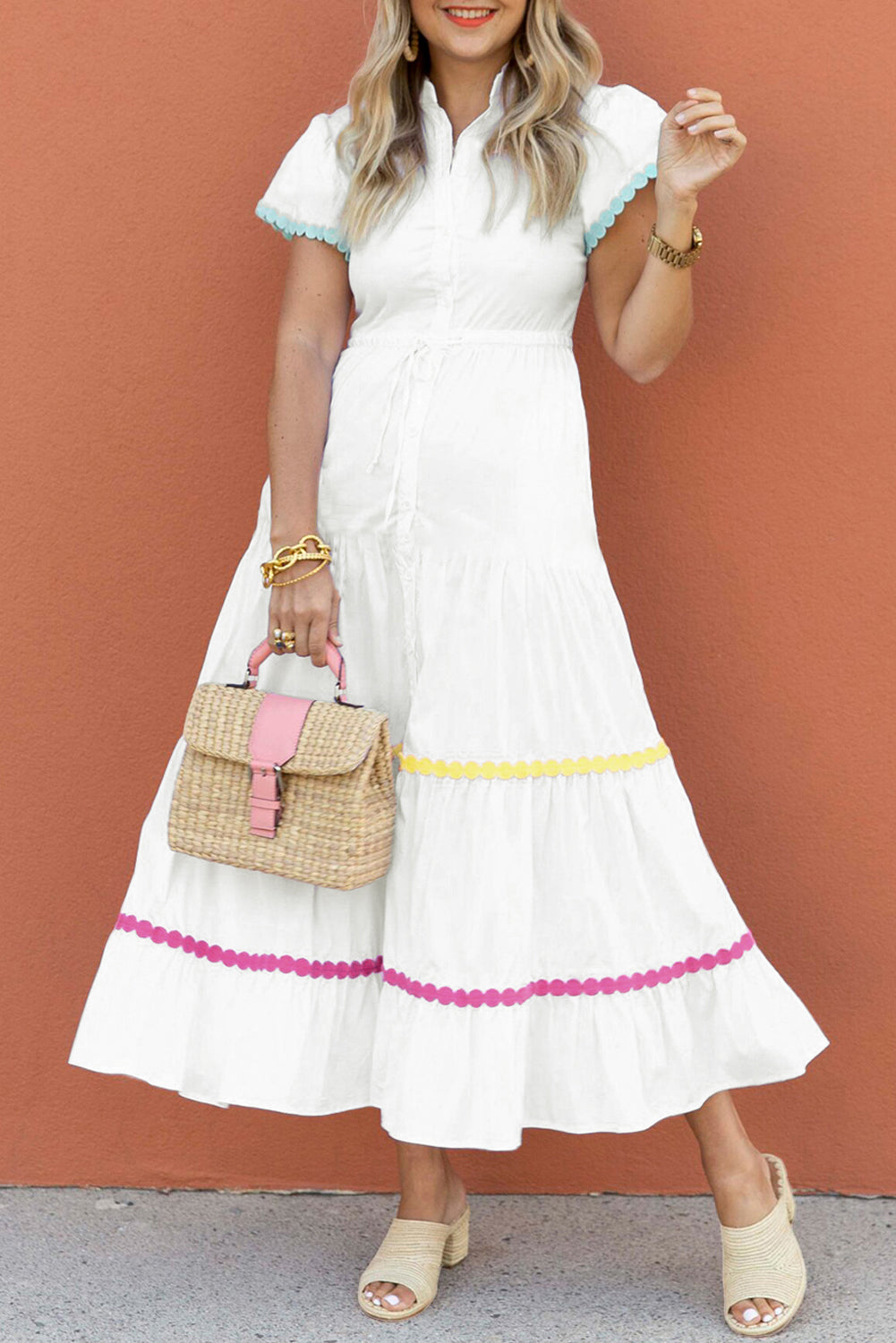 White Colorblock Rickrack Trim Short Sleeve Drawstring Waist Long Dress - Snoopy's Closet