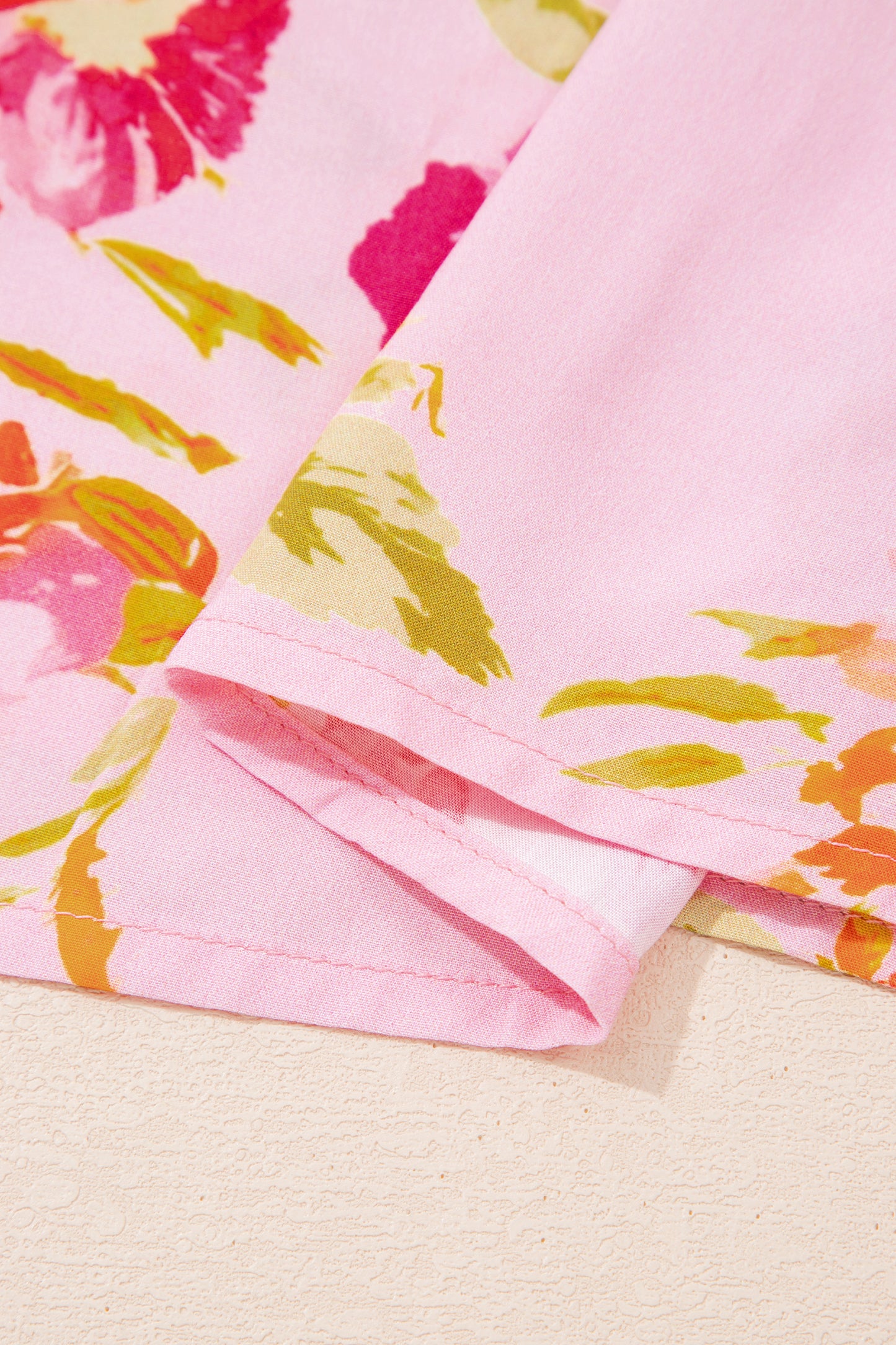 Pink Floral Print Tie Neck Puffy Half Sleeve Blouse - Snoopy's Closet