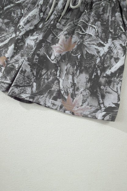 Pantalón Corto Elástico con Estampado de Hojas de Arce Abstractas Grises