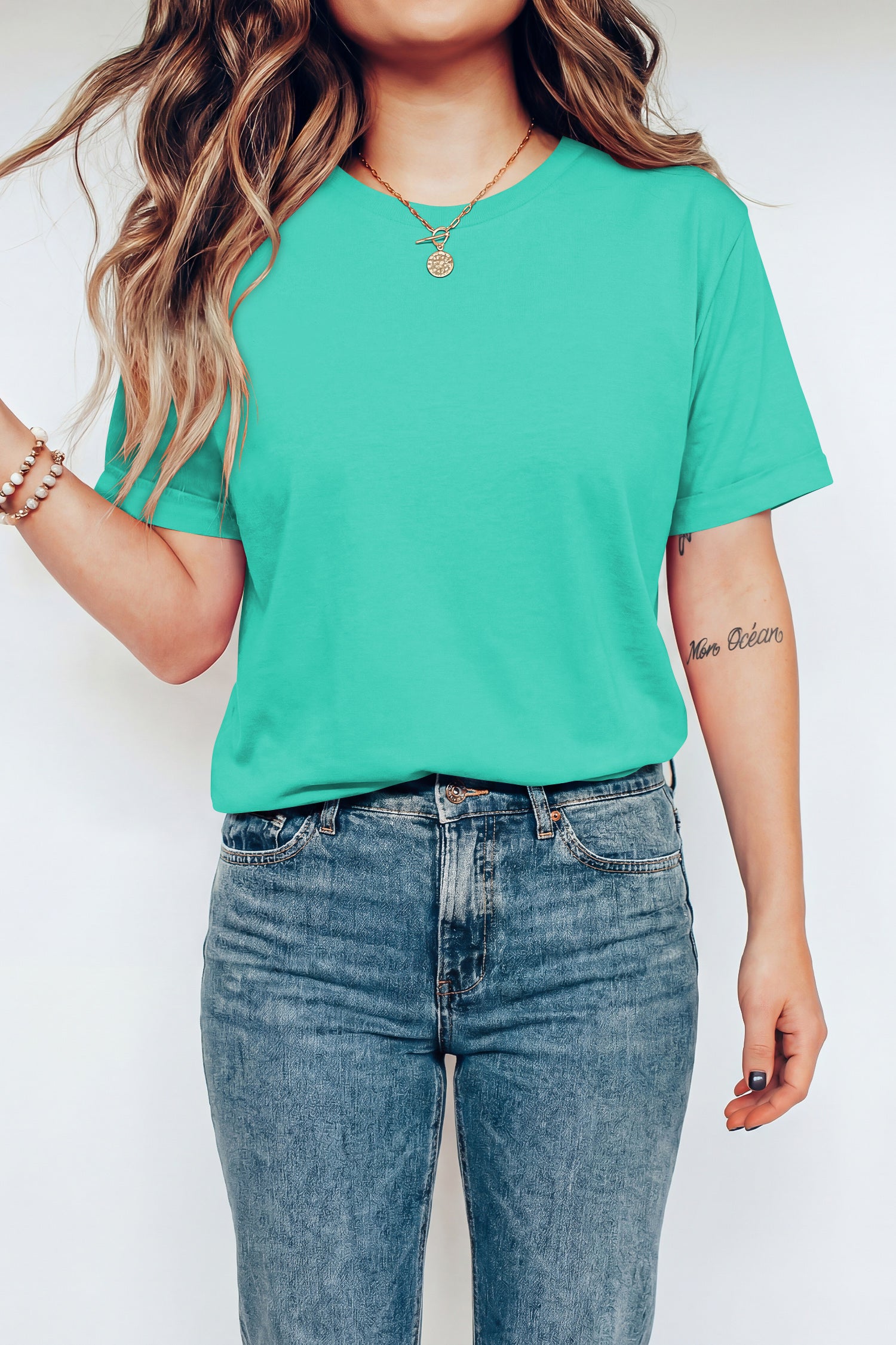 Mint Green Casual Plain Crew Neck Tee - Snoopy's Closet