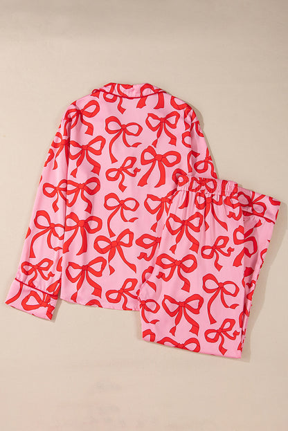 Pink 2pcs Bow Print Shirt Style Long Sleeve Pajama Set - Snoopy's Closet