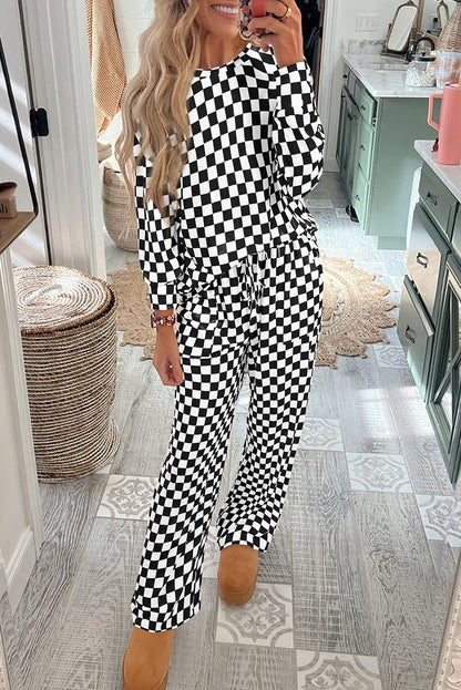Black Checkered Print Long Sleeve Top and Pants Lounge Set - Snoopy's Closet