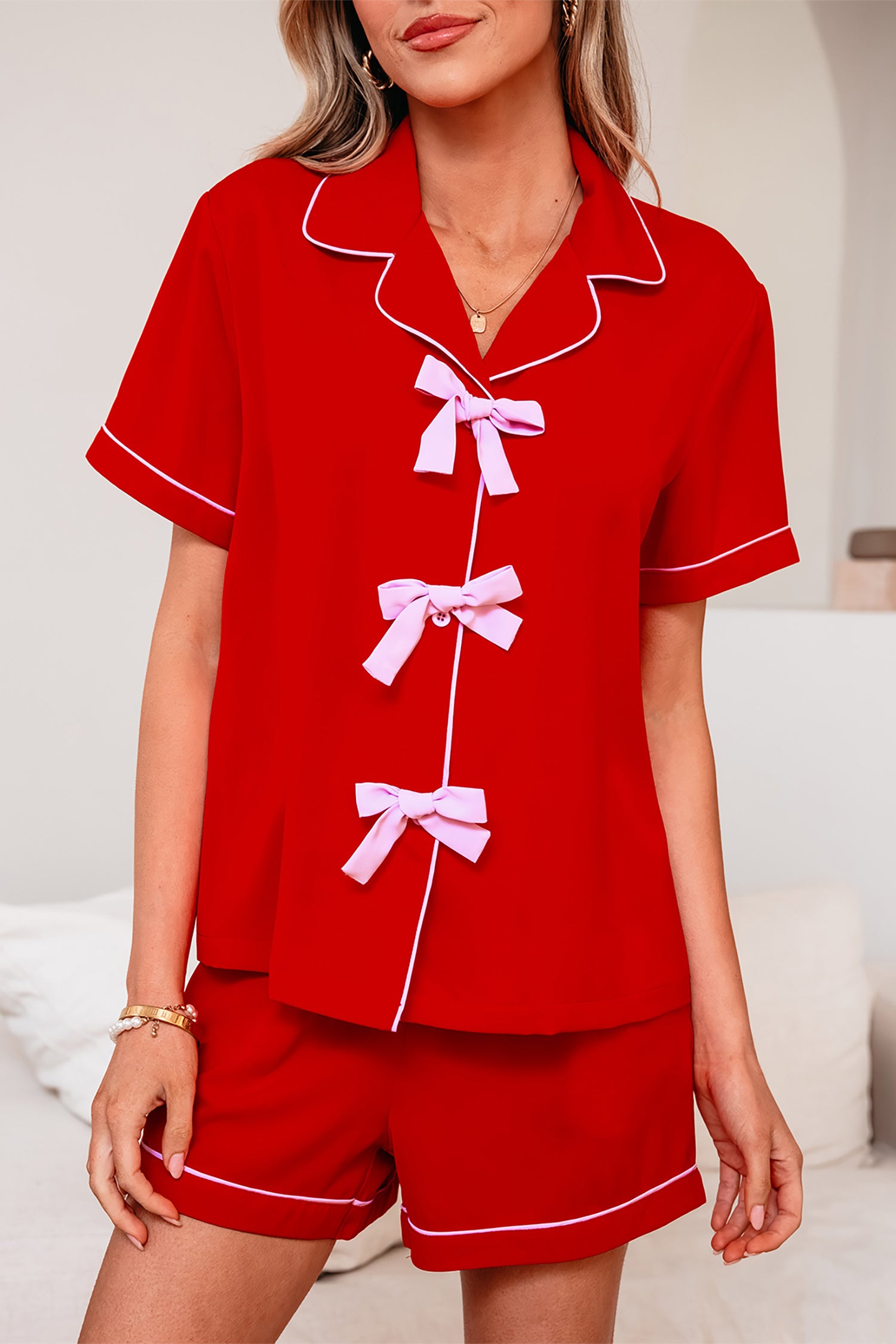 Fiery Red Contrast Trim Ribbon Bow Short Silky 2pcs Pajama Set - Snoopy's Closet