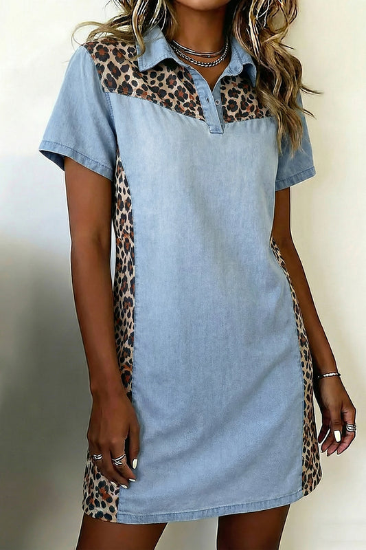 Minivestido con cuello de camisa Myosotis Denim con bloques de color y retales de leopardo