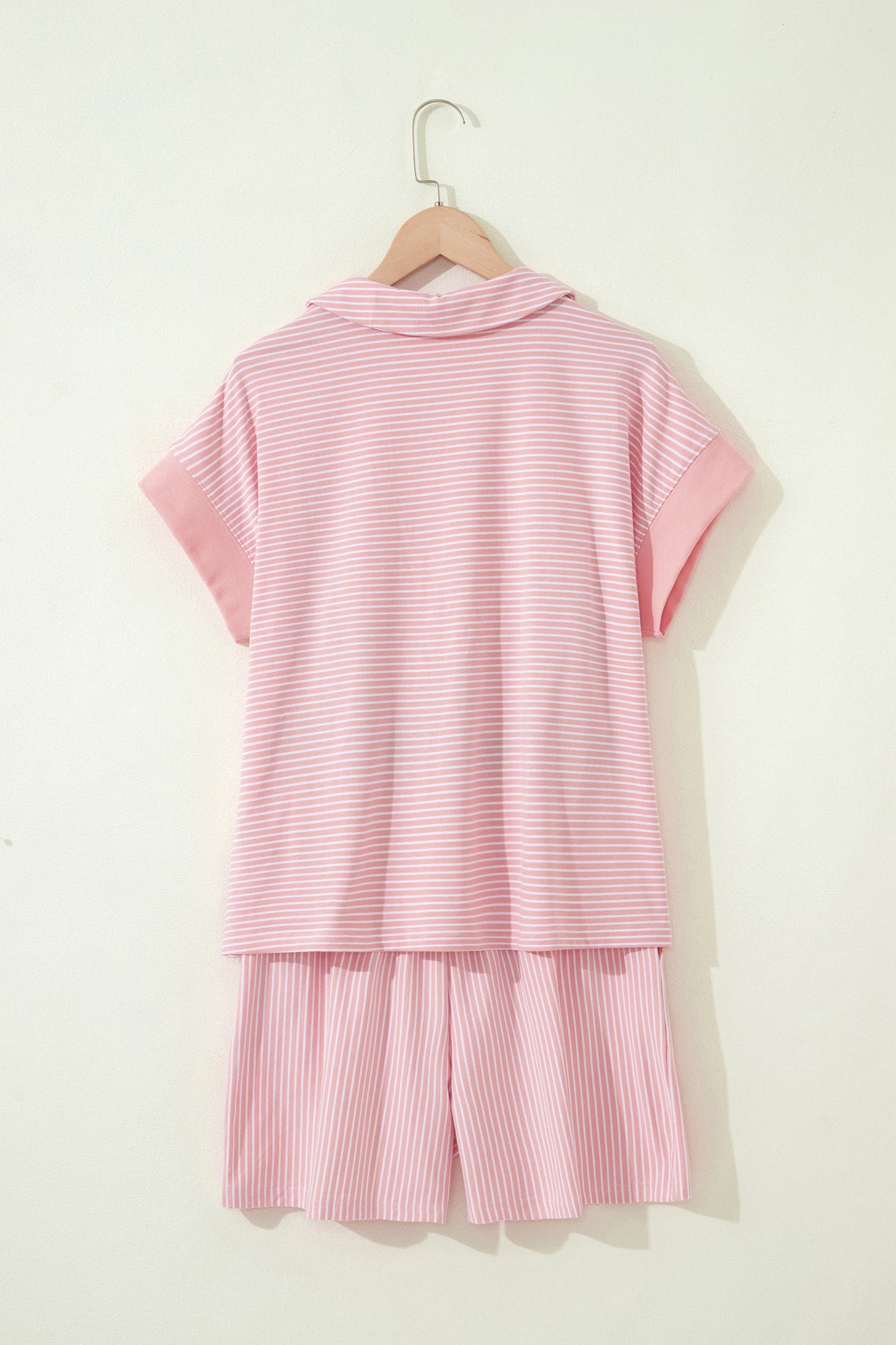 Pink Stripe Dolman Sleeve Polo Shirt and Drawstring Shorts Set - Snoopy's Closet