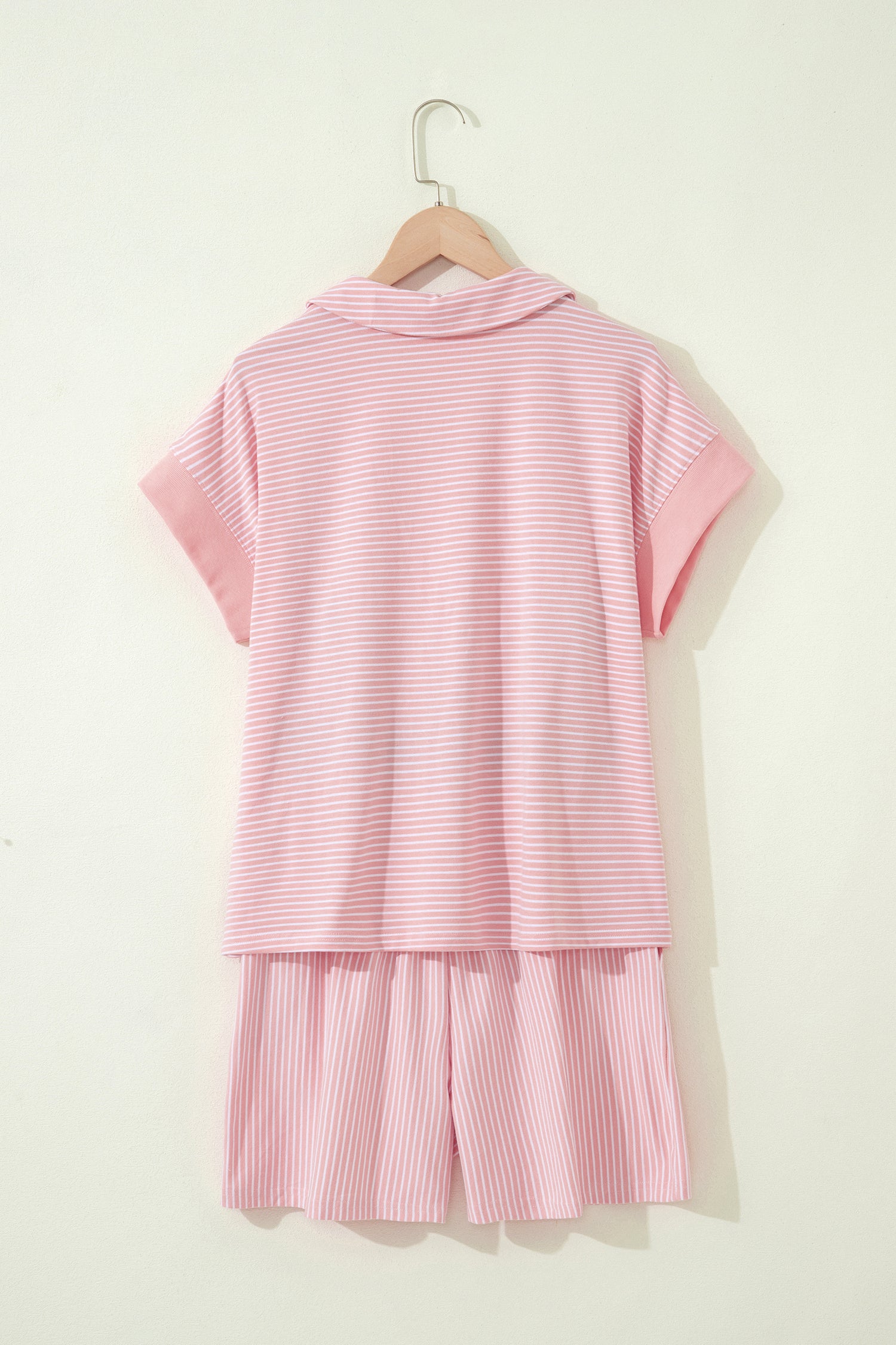 Pink Stripe Dolman Sleeve Polo Shirt and Drawstring Shorts Set - Snoopy's Closet