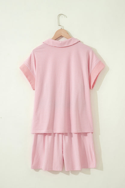 Pink Stripe Dolman Sleeve Polo Shirt and Drawstring Shorts Set - Snoopy's Closet