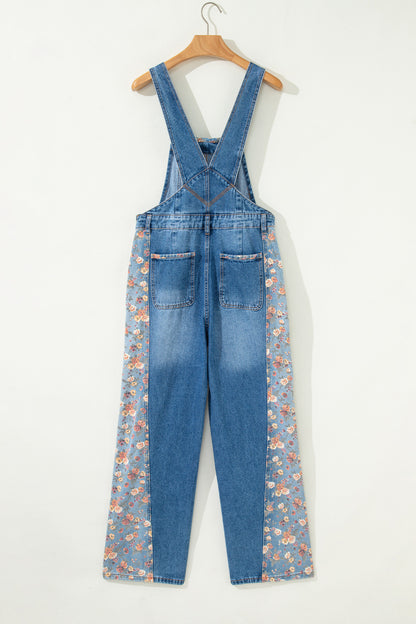 Peacock Blue Floral Patchwork Bib Denim Wide Leg Overalls - Snoopy's Closet