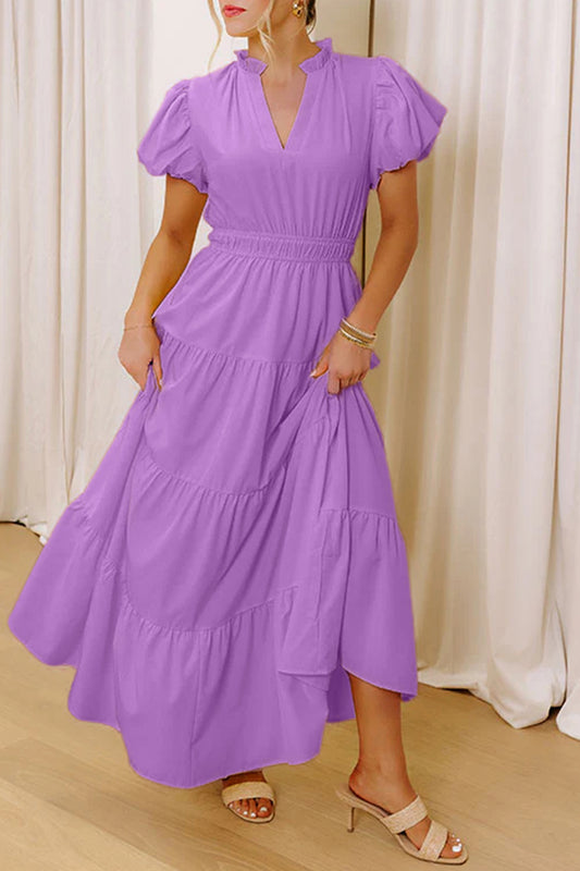 Vestido maxi con cuello de pico, manga corta abullonada y cintura alta con volantes de color sólido Lavendula
