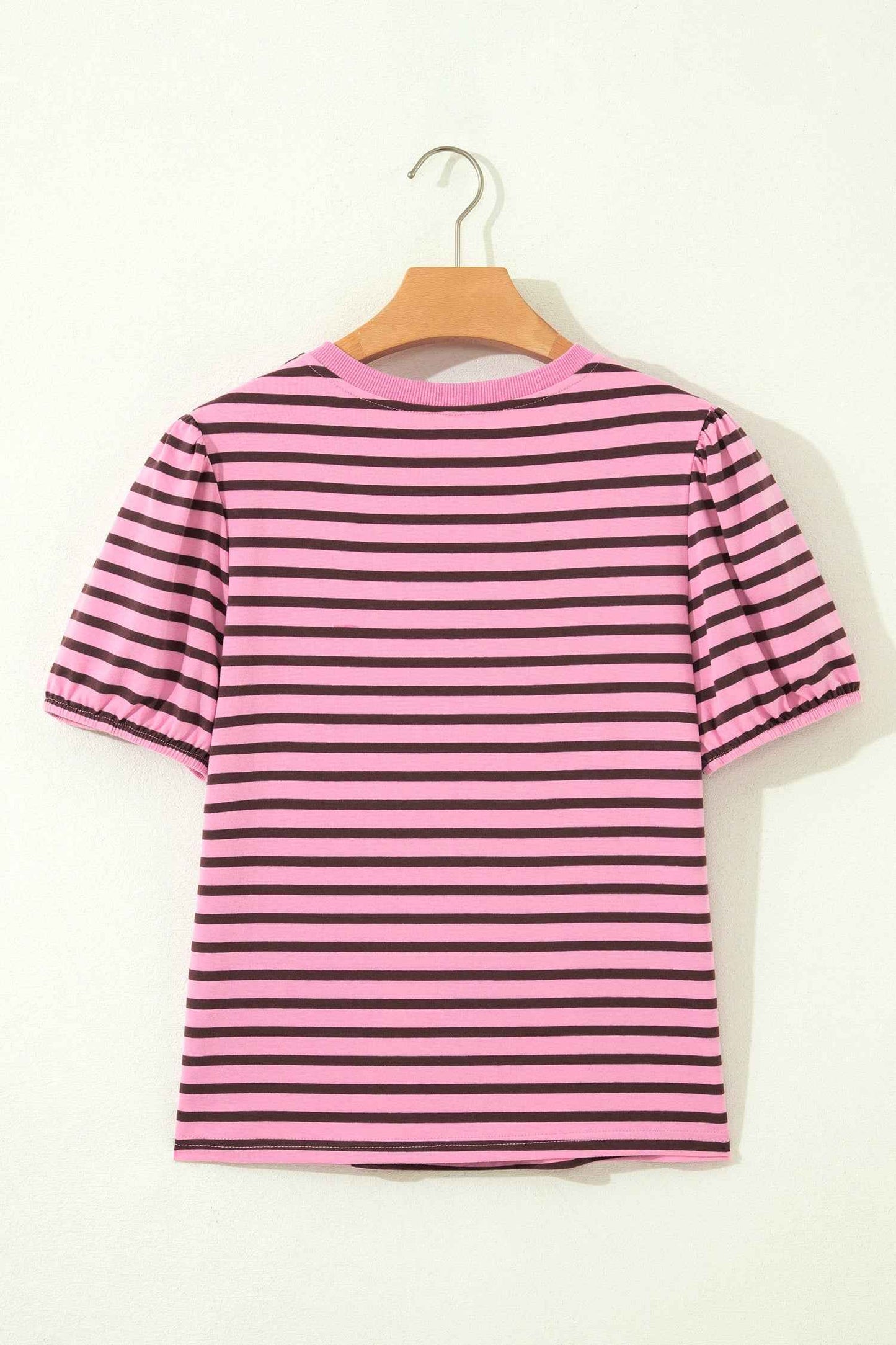 Rose Stripe Striped V-Neck Ribbed Collar Cuff Gathering Puff Sleeve Top