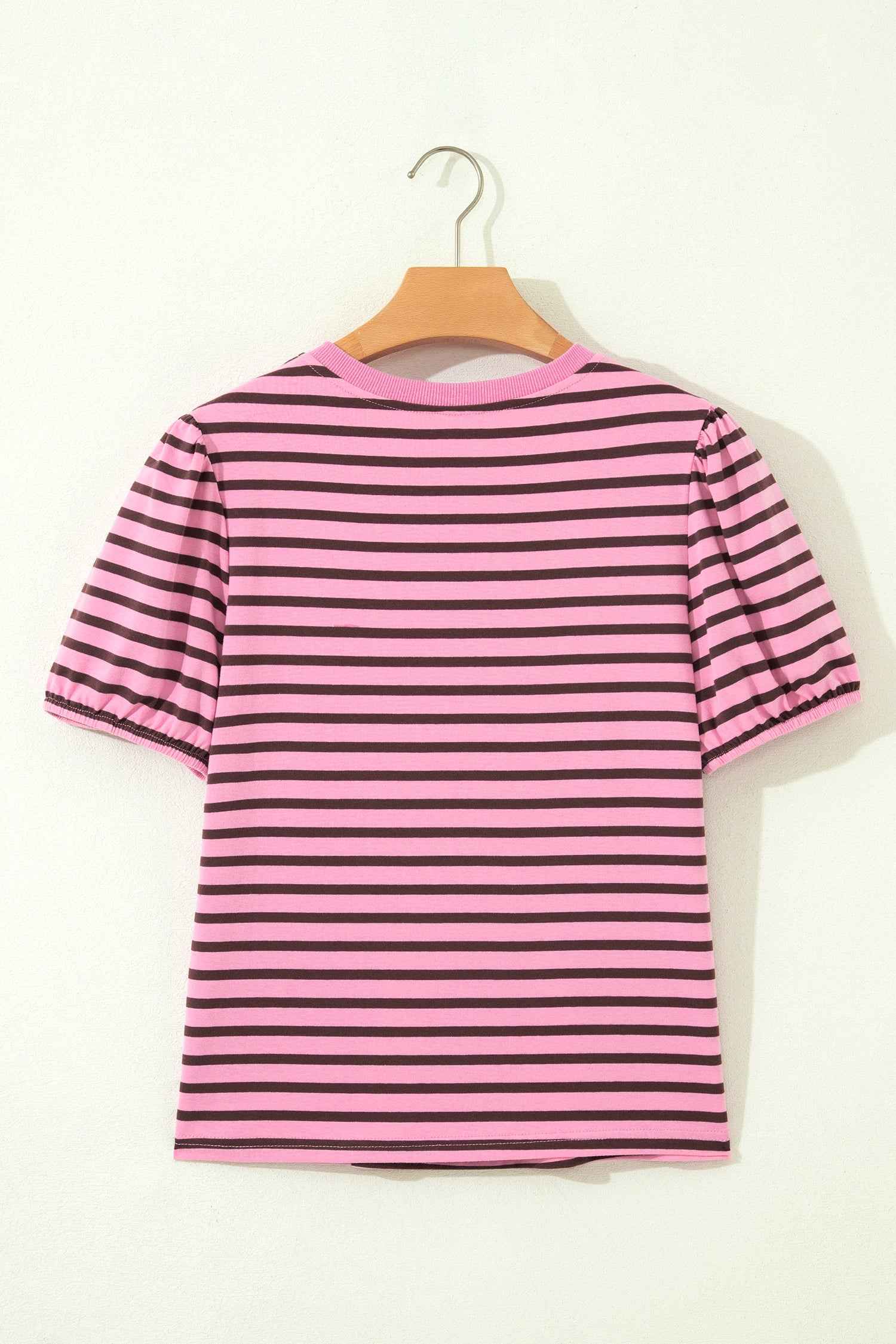 Rose Stripe Striped V-Neck Ribbed Collar Cuff Gathering Puff Sleeve Top