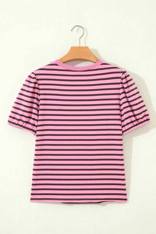 Rose Stripe Striped V-Neck Ribbed Collar Cuff Gathering Puff Sleeve Top