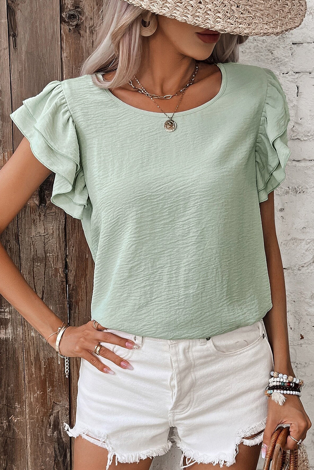 Clearly Aqua Solid Color Ruffled Short Sleeve Casual Blouse - Snoopy's Closet