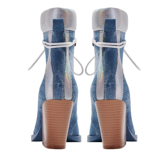Processing time:7-15days after placing orders Autumn Fashion Denim Lace Up Chelsea Boots Pointed Toe Thick High Heels Platform Riveted Mixed Color Women's Shoes Big Size
