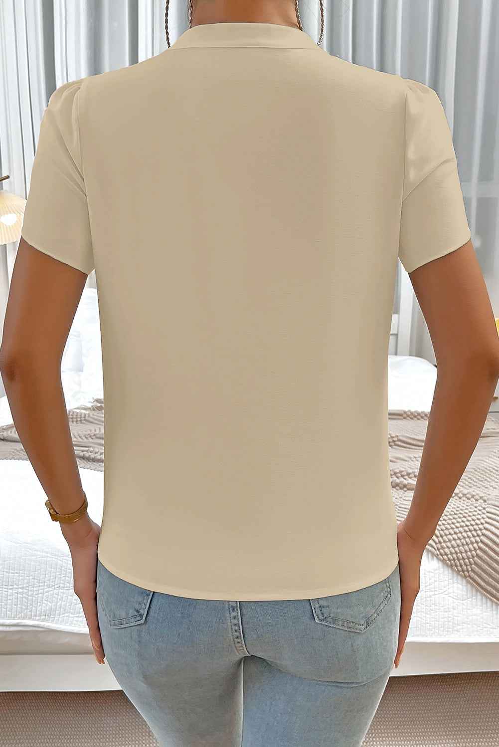 Beige Silky Notched Neckline Petal Sleeve Blouse