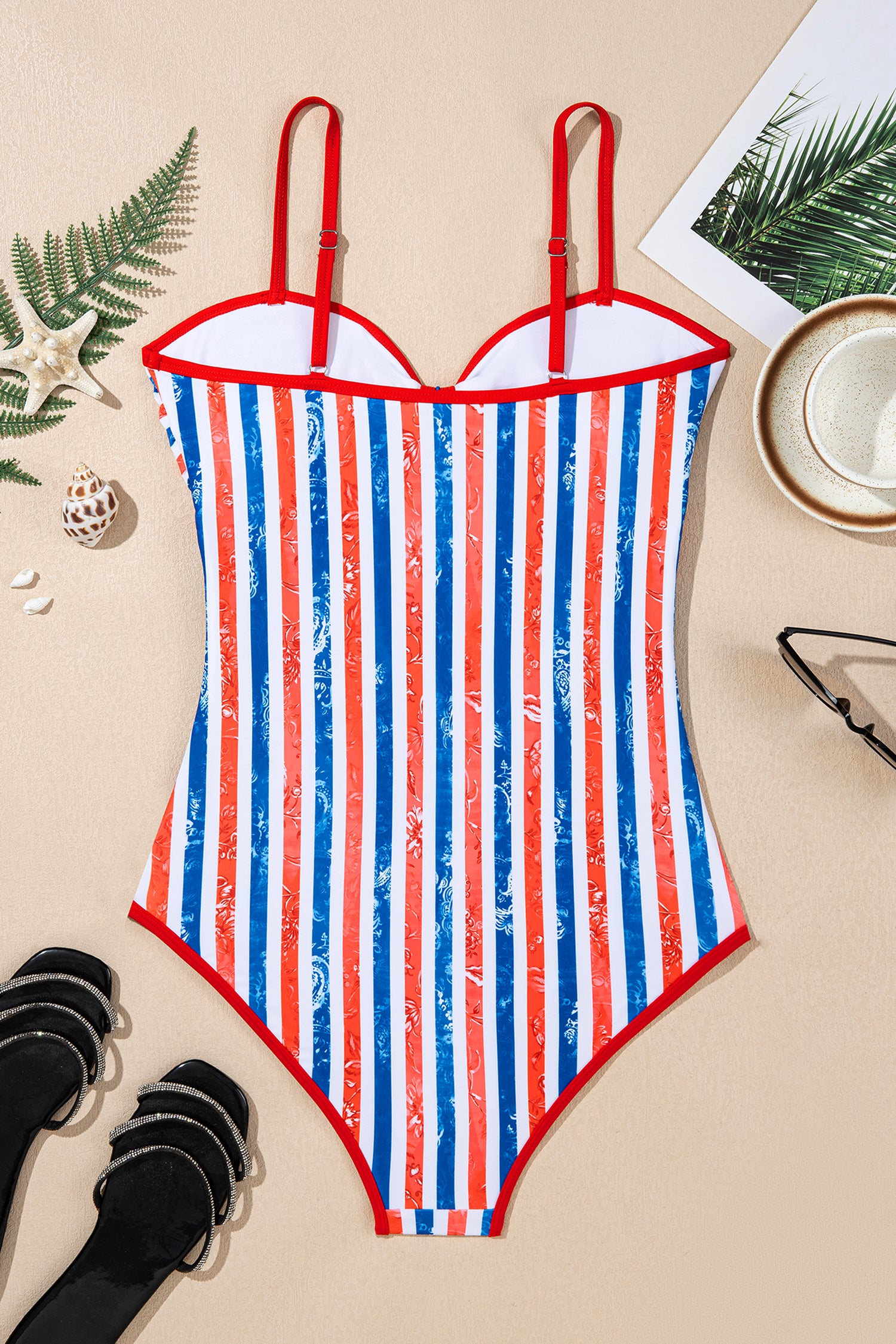 Red July 4th Stripes Star Floral Impression Cutout Spaghetti Straps One Piece Swimsuit - Snoopy's Closet