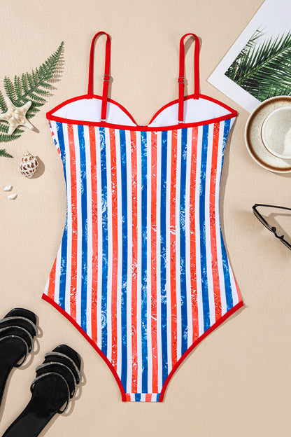Red July 4th Stripes Star Floral Impression Cutout Spaghetti Straps One Piece Swimsuit - Snoopy's Closet