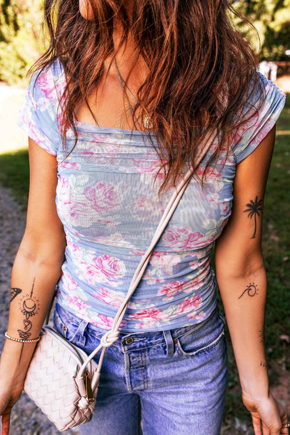 Sky Blue Square Neck Cap Sleeve Ruched Floral Mesh Top