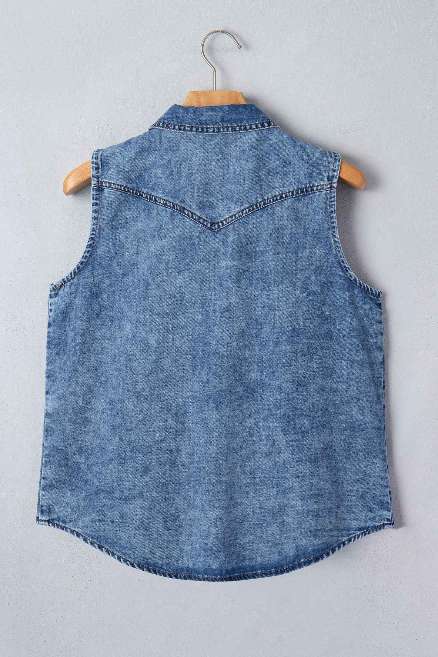 Dusk Blue Buttoned Front Collared Sleeveless Denim Vest