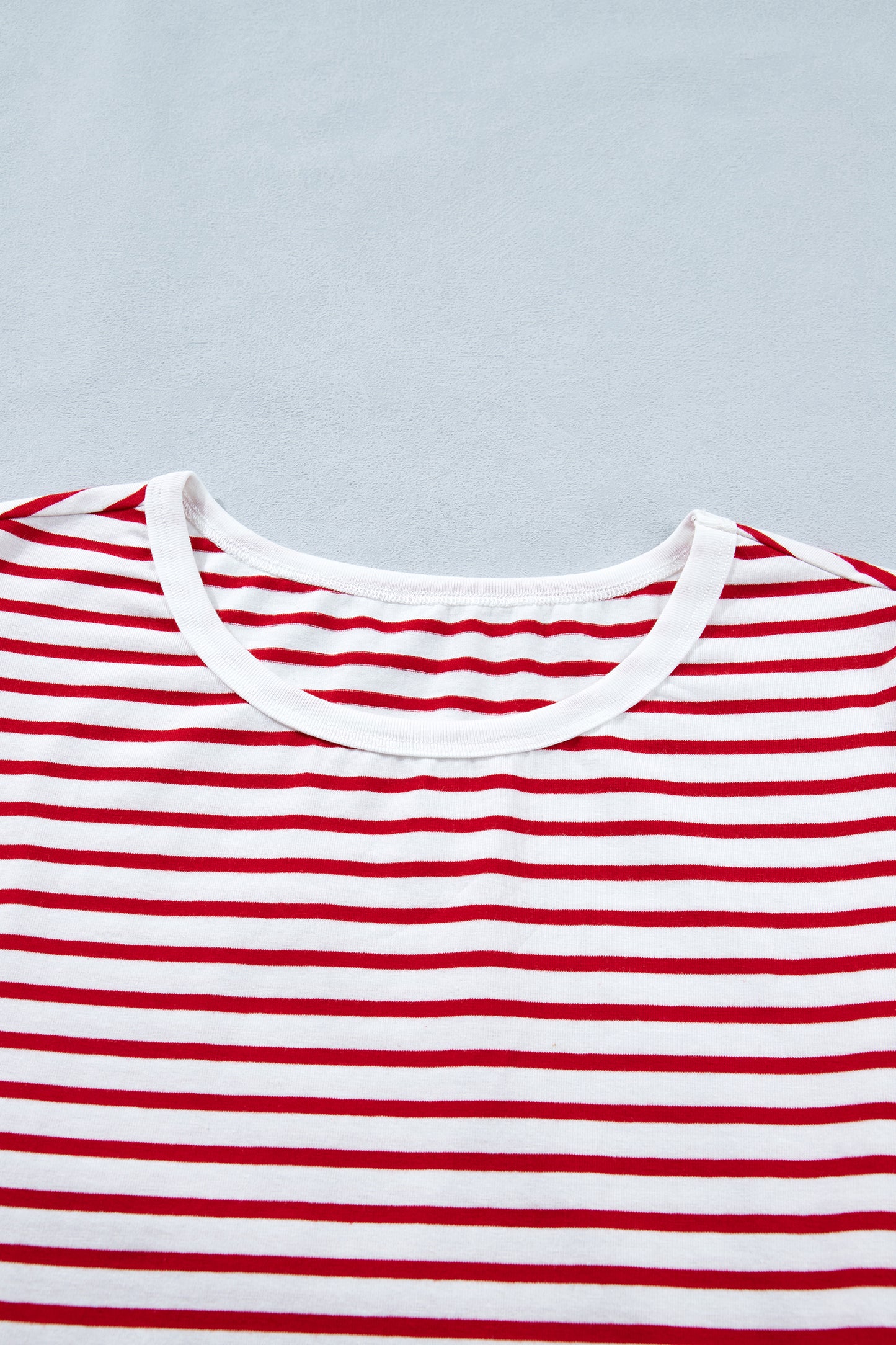 Red Stripe Contrast Trim Round Neck Short Puff Sleeve T Shirt - Snoopy's Closet