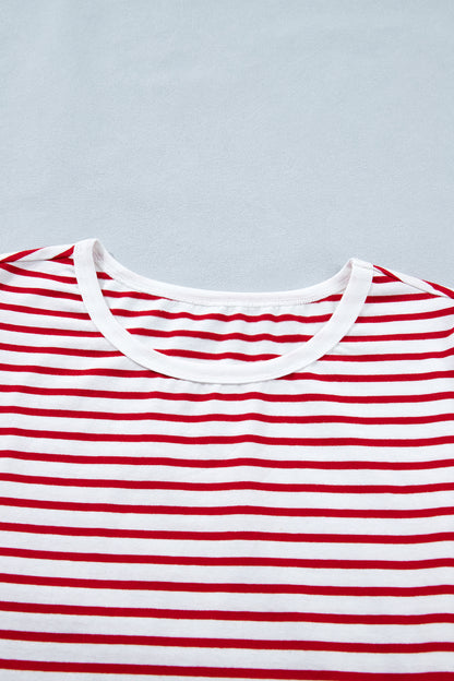 Red Stripe Contrast Trim Round Neck Short Puff Sleeve T Shirt - Snoopy's Closet