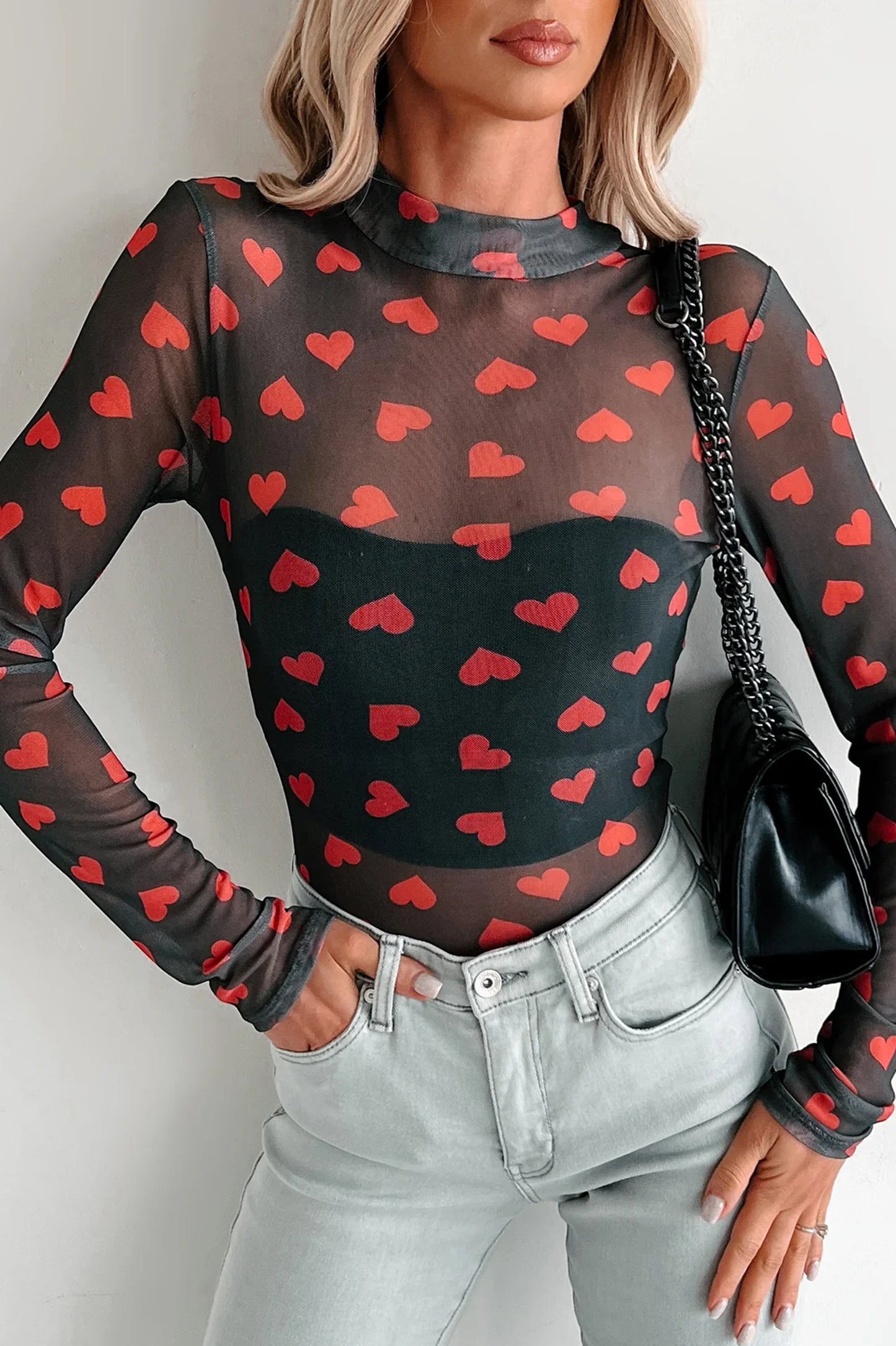 Black Valentines Heart Printed Sheer Mesh Long Sleeve Top - Snoopy's Closet