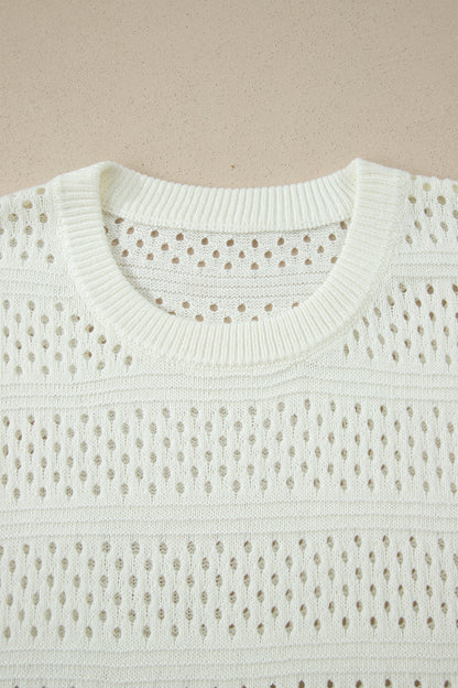 Suéter dolman blanco de manga corta con ojales calados y ribete acanalado, talla grande