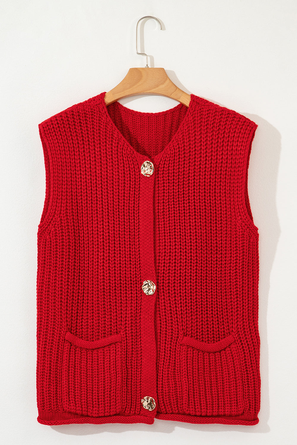Chaleco de punto texturizado rojo fuego sólido con bolsillos laterales y botones