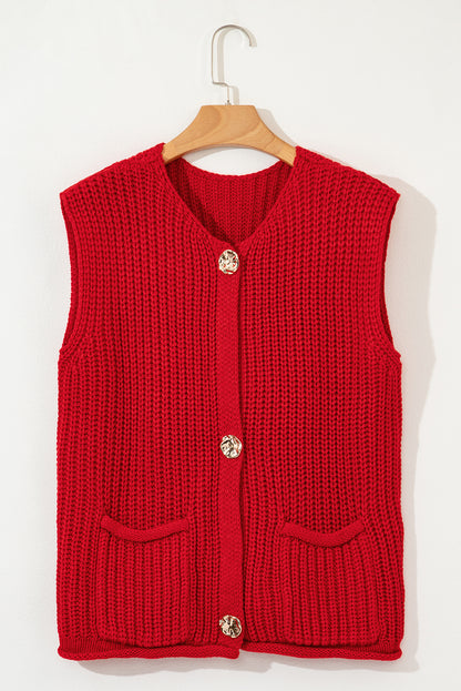 Chaleco de punto texturizado rojo fuego sólido con bolsillos laterales y botones