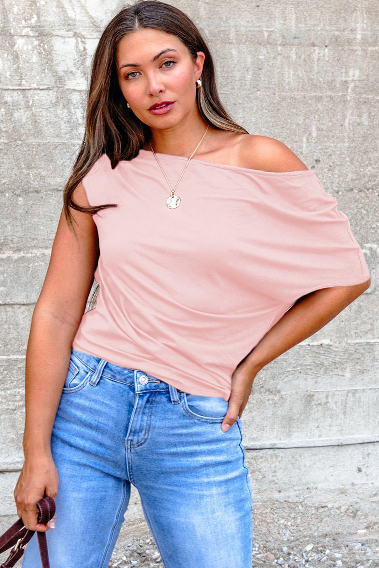 Gossamer Pink Plus Size Solid Color Asymmetric Neck Short Sleeve Blouse - Snoopy's Closet