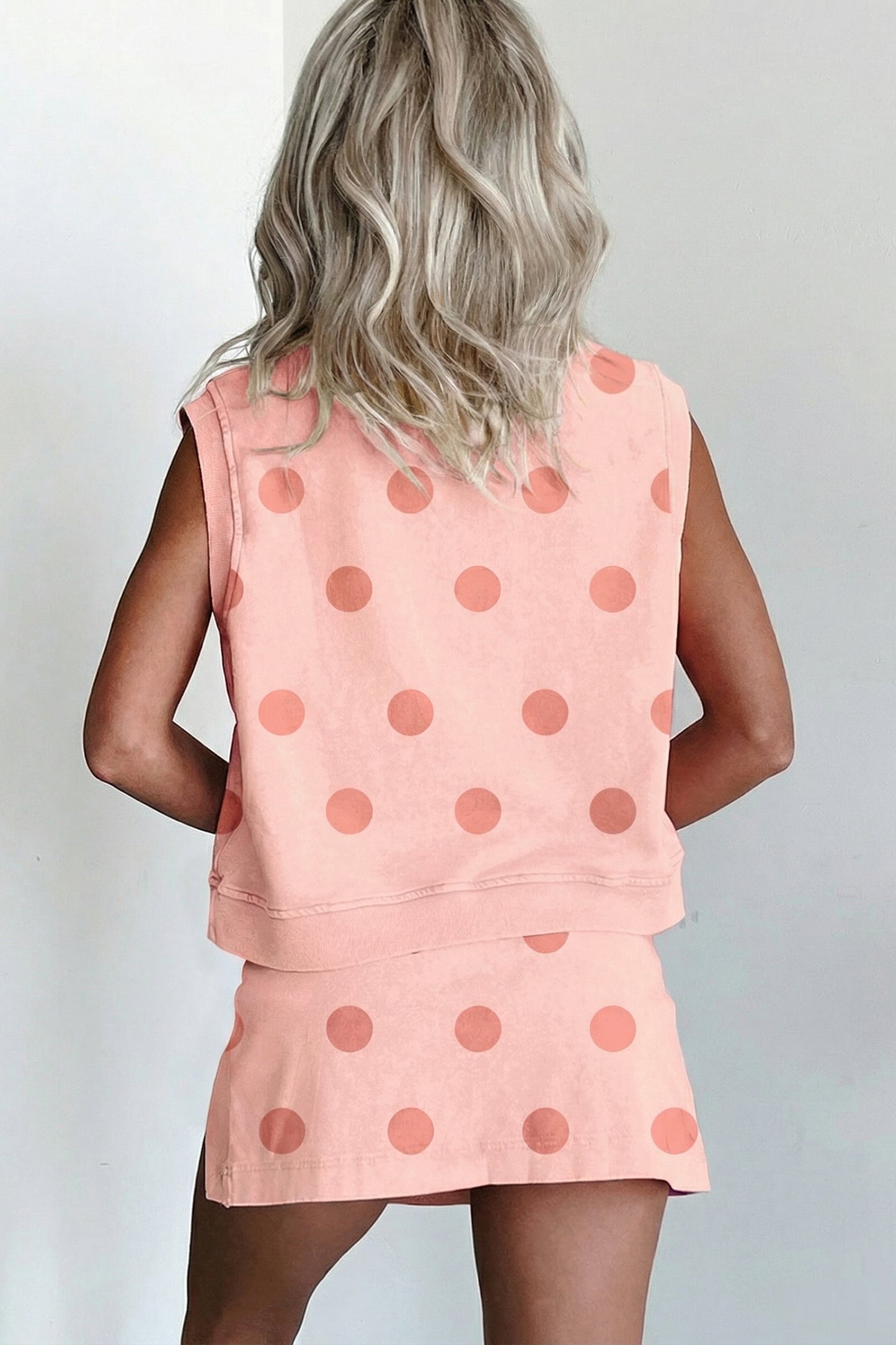 Pink Ribbed Trim Polka Dot Print Tank Split Mini Skort 2pcs Set - Snoopy's Closet