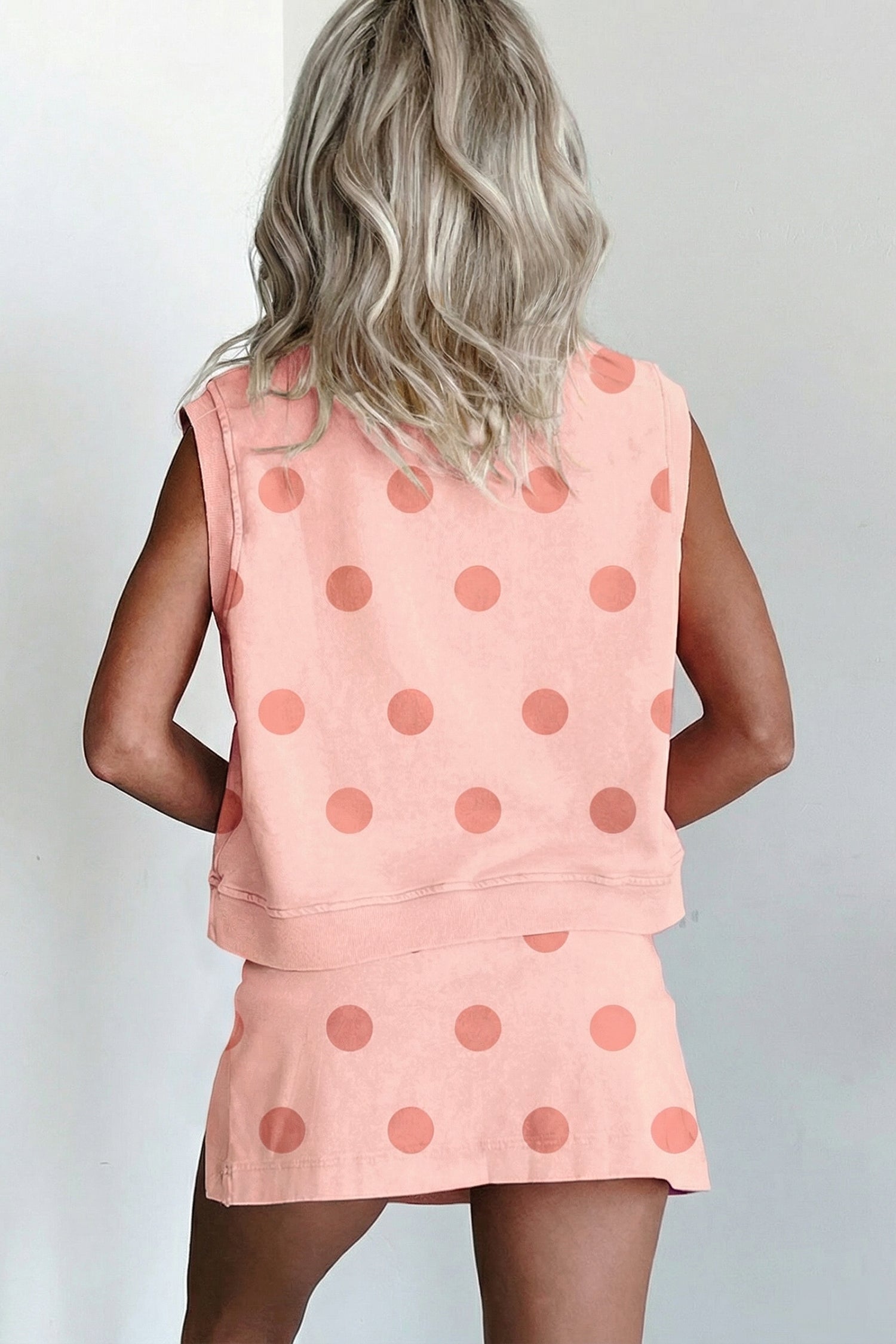 Pink Ribbed Trim Polka Dot Print Tank Split Mini Skort 2pcs Set - Snoopy's Closet