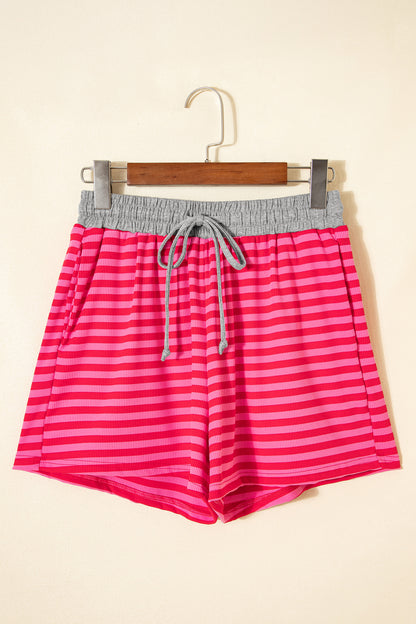 Rose Stripe Contrast Elastic Waist Casual Ribbed Shorts - Snoopy's Closet