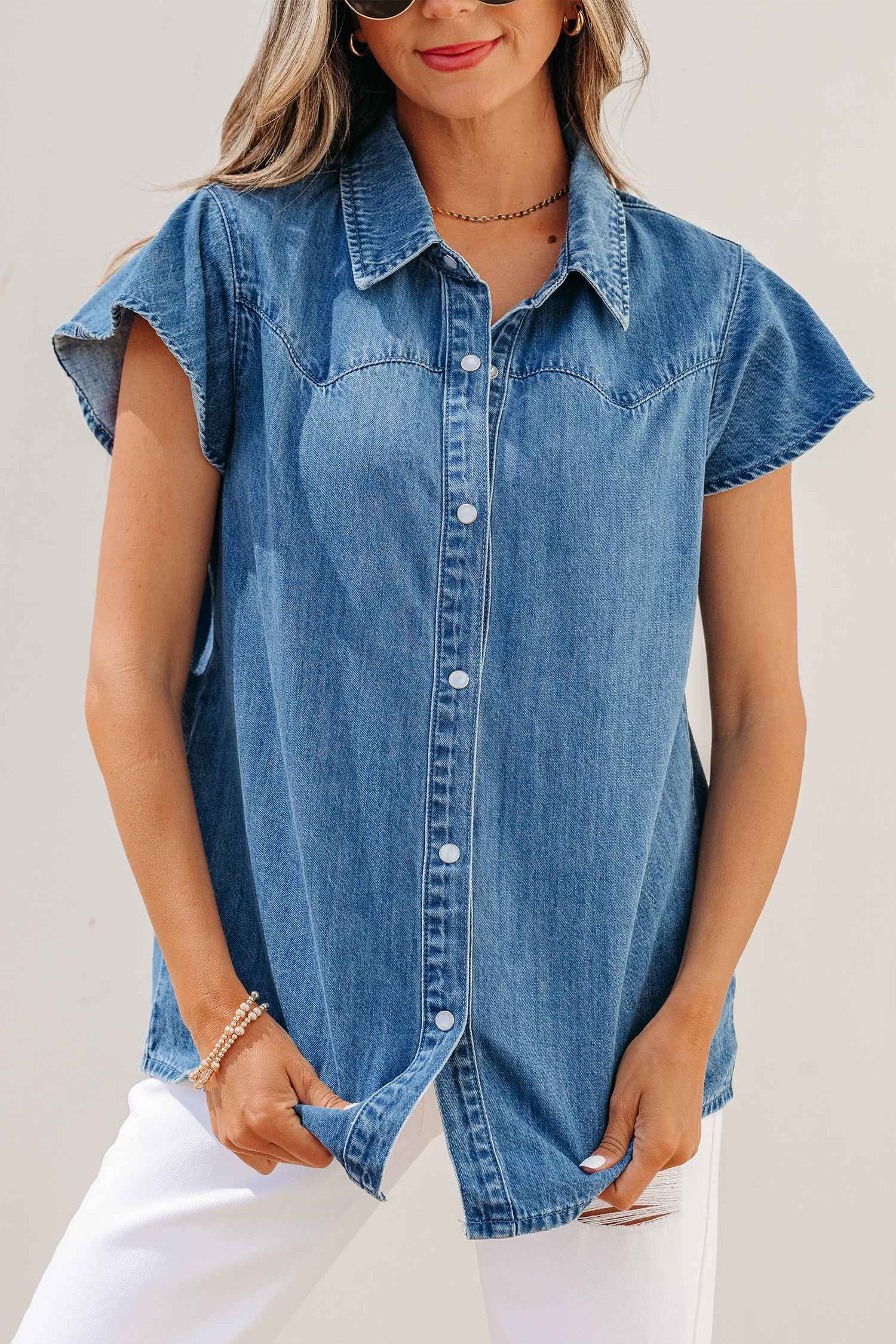 Dusk Blue Ruffled Short Sleeve Denim Shirt