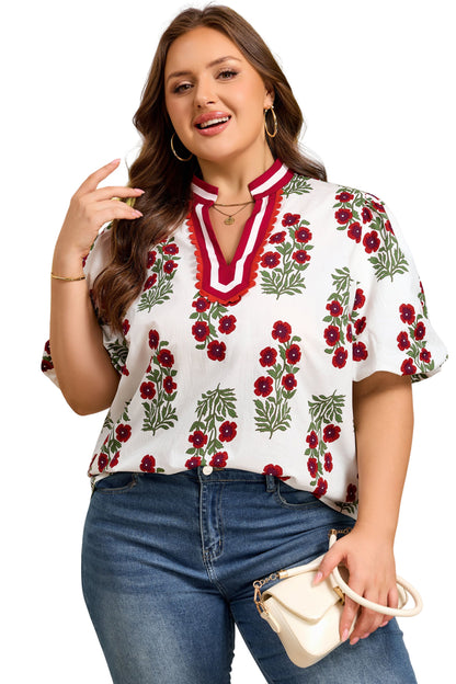 Blusa de Algodón Blanca Talla Grande con Estampado Floral, Ribete de Ricrac y Manga Corta