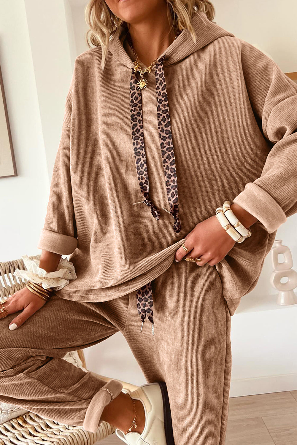 Parchment Leopard Drawstring Pullover Hoodie and High Waist Pants Corduroy Suit - Snoopy's Closet