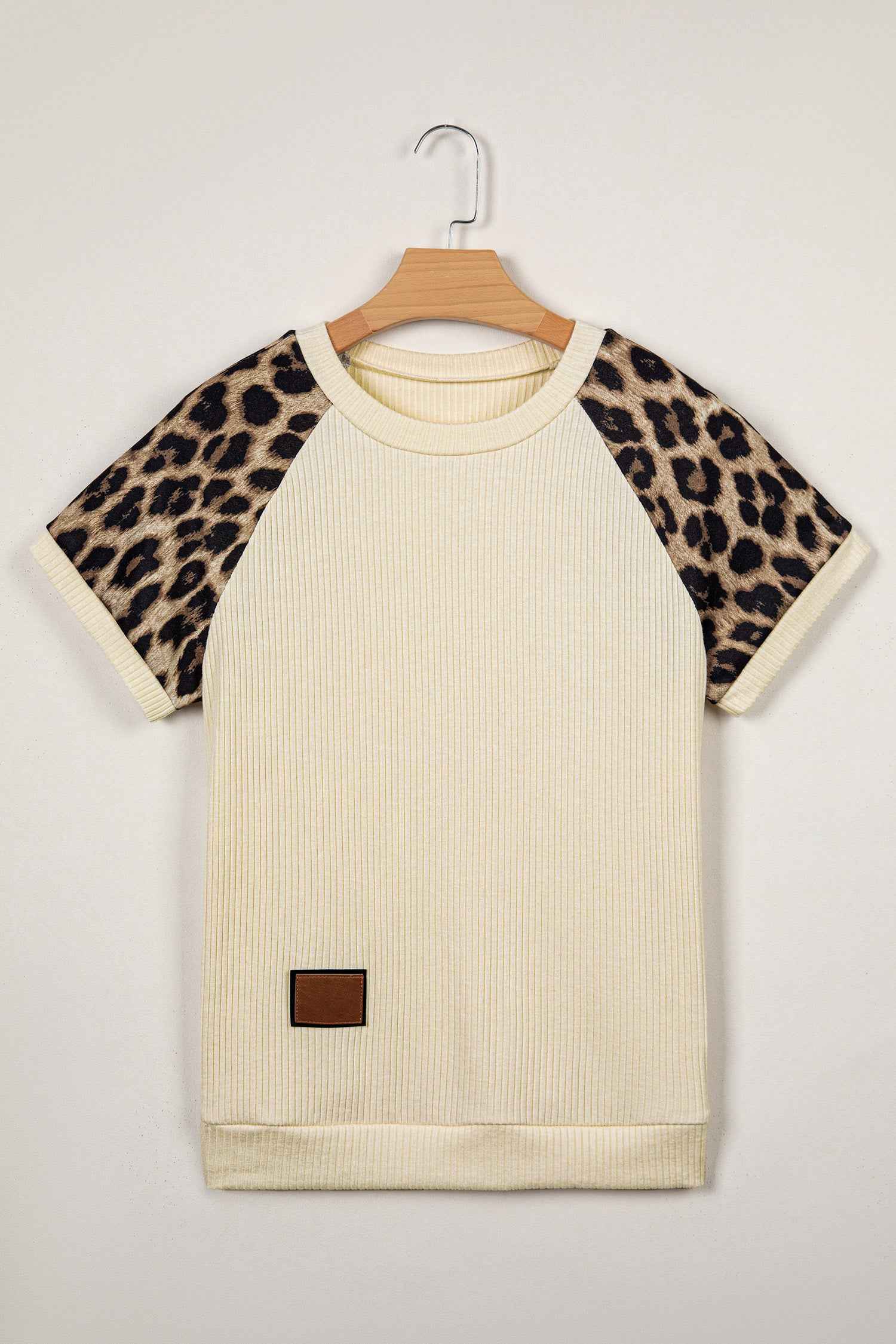 Apricot Ribbed Color Block Leopard Contrast Sleeve Loose Tee