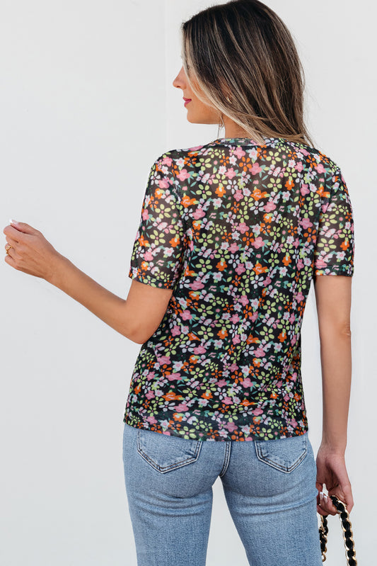 Black Sheer Floral Mesh Round Neck T Shirt - Snoopy's Closet