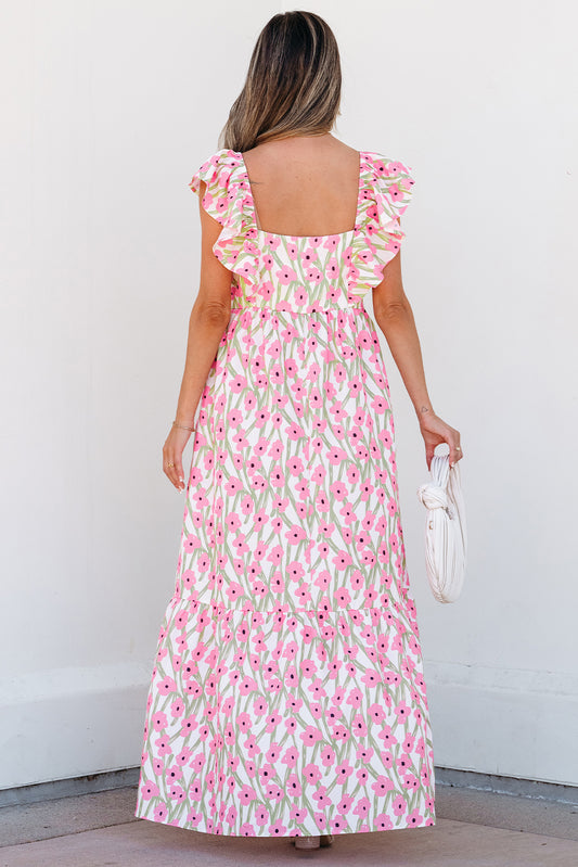Vestido largo con estampado floral rosa, escote cuadrado y tirantes con volantes