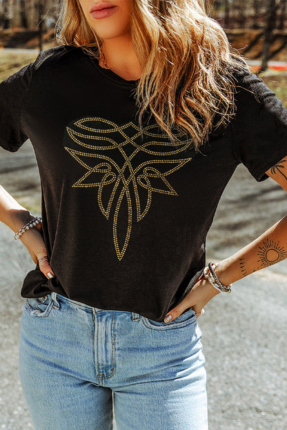 Black Rhinestone Western Pattern Cotton Blend Graphic T Shirt