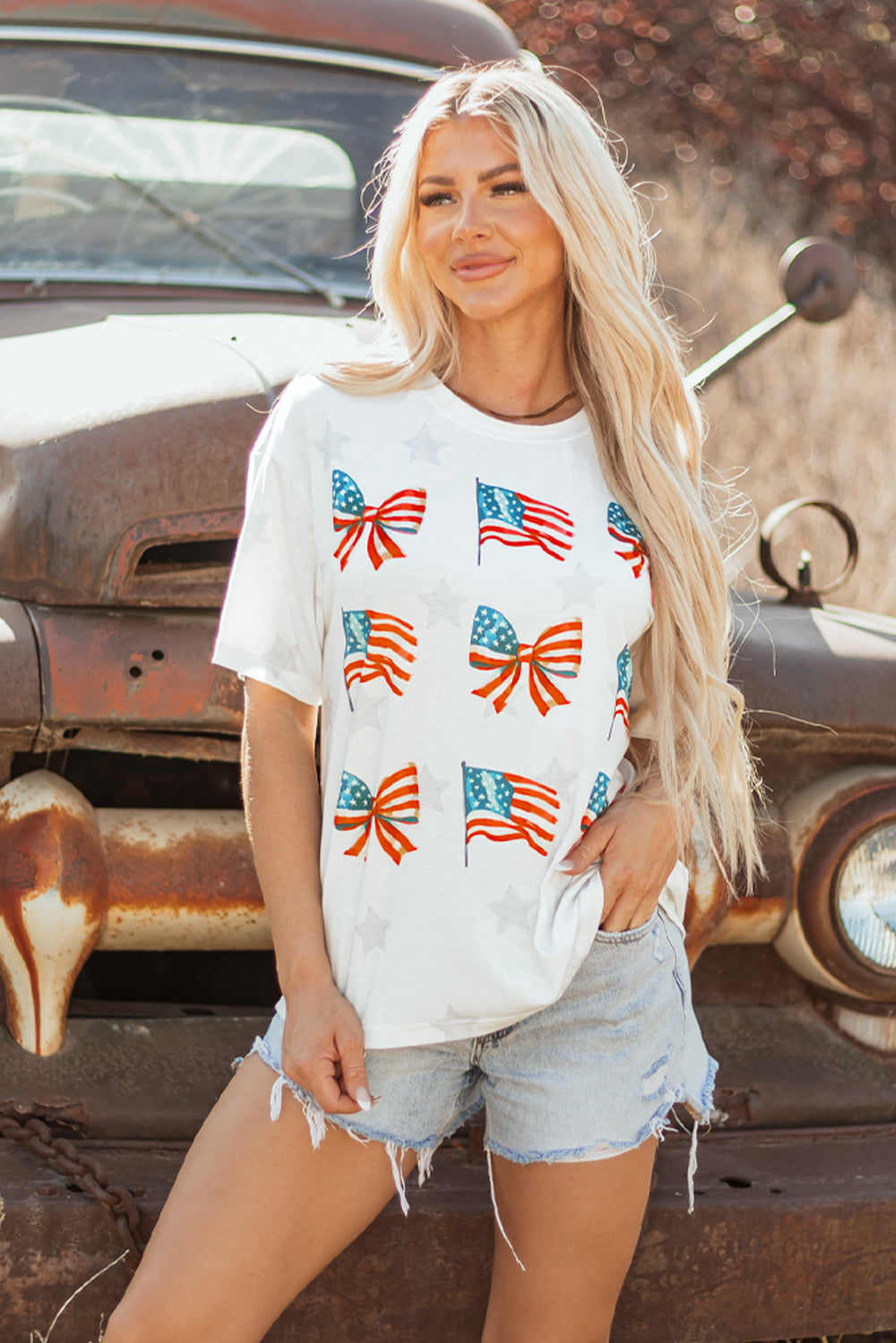 Khaki Patriotic Flag Bow Graphic Starry Round Neck T Shirt - Snoopy's Closet