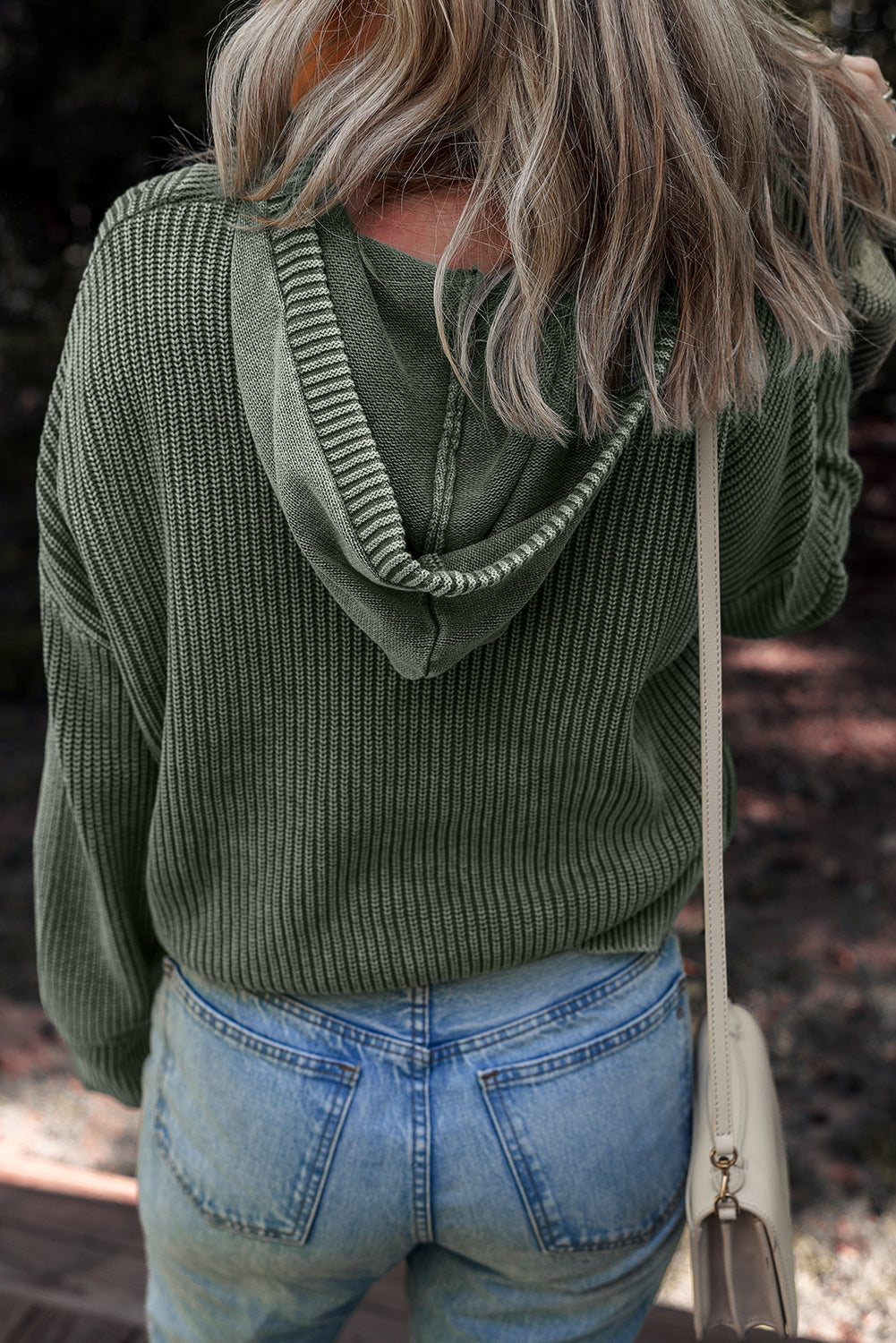 Mist Green Mineral Wash Ribbed Knit Button Drawstring Neck Hooded Sweater - Snoopy's Closet