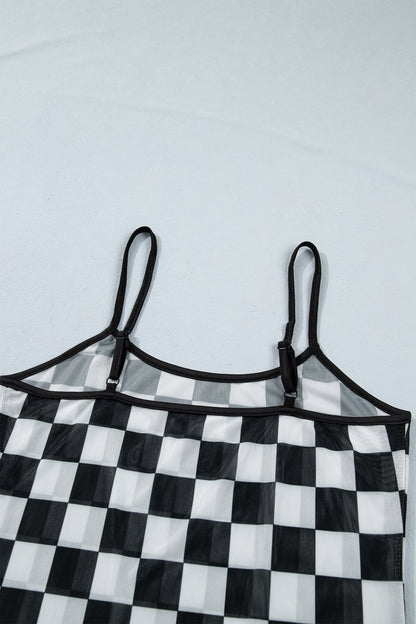 Camiseta sin mangas ajustada con tirantes finos y estampado a cuadros transparente en negro