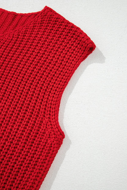 Chaleco de punto texturizado rojo fuego sólido con bolsillos laterales y botones
