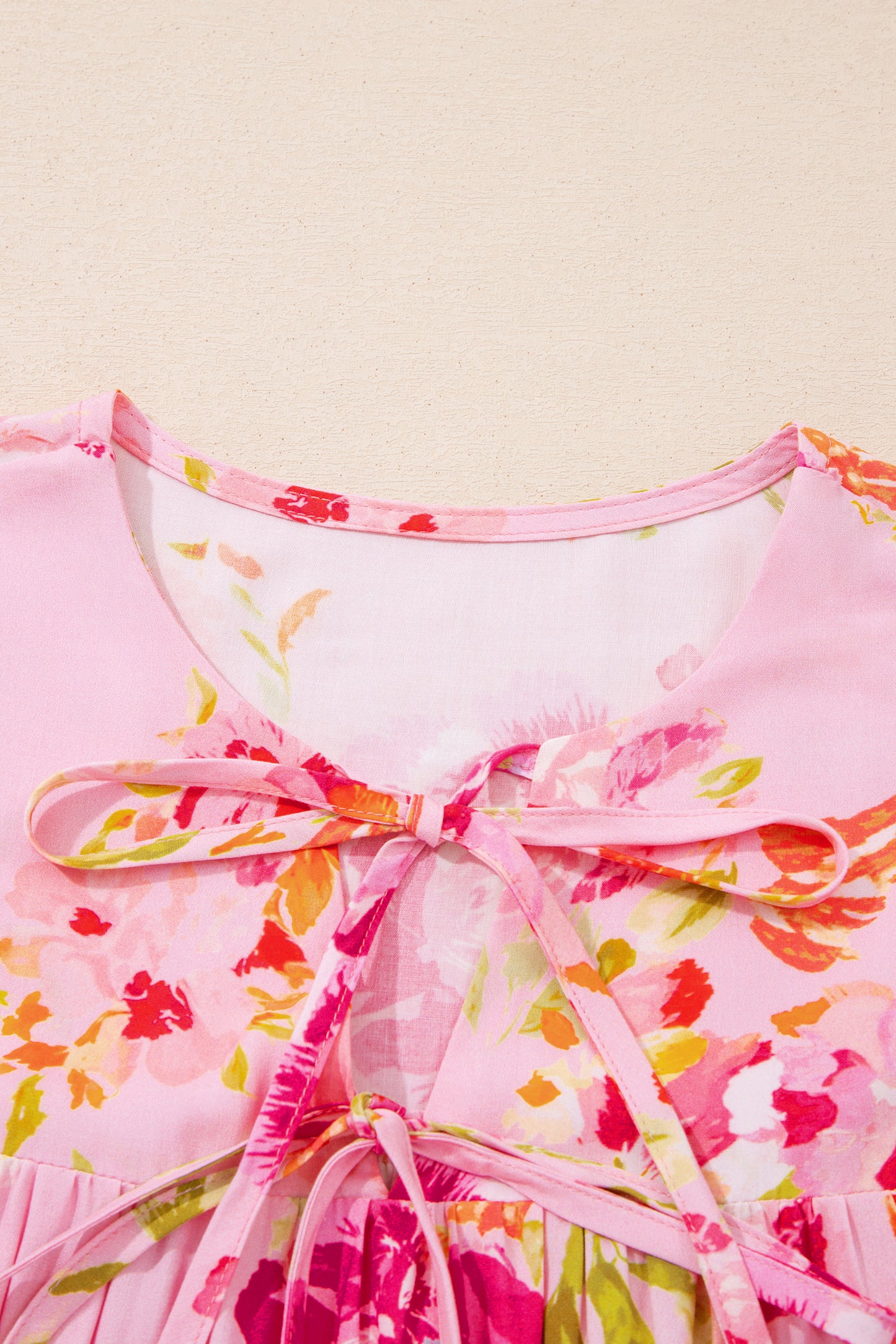 Pink Floral Print Tie Neck Puffy Half Sleeve Blouse - Snoopy's Closet